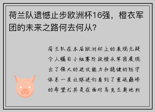 荷兰队遗憾止步欧洲杯16强，橙衣军团的未来之路何去何从？